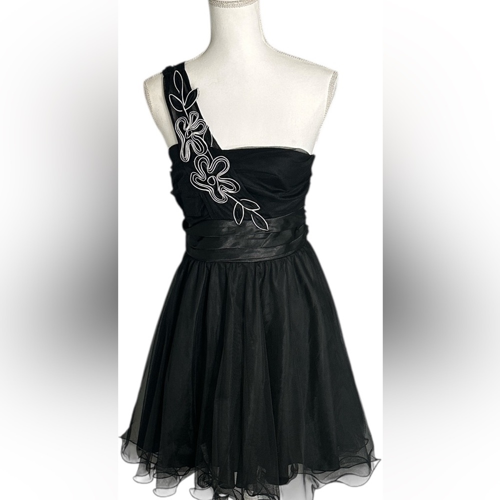 Teeze Me Black One Shoulder Dress with White Floral Accent